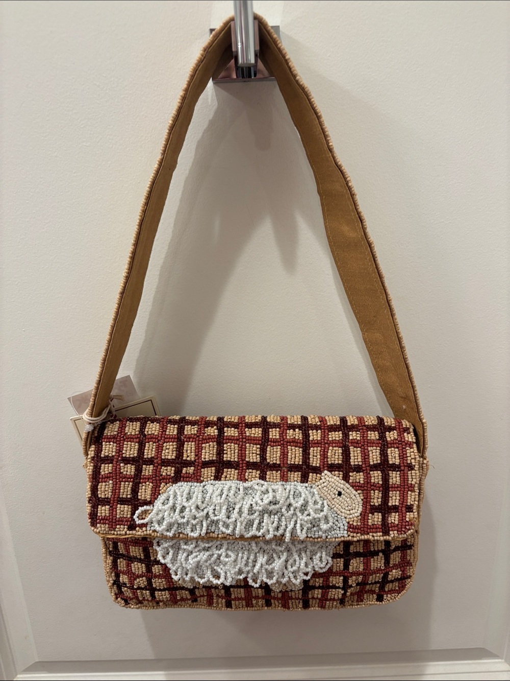 NWT SOL and Mer Handcrafted Brown Plaid Beaded Shoulder Bag with Sheep Motif